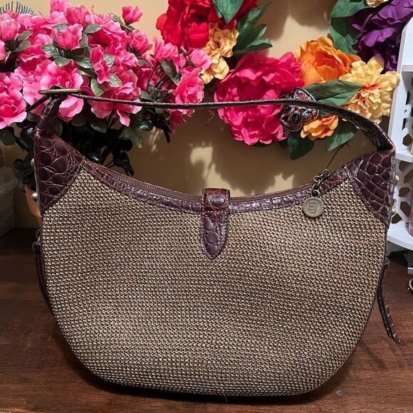 Eric Javits Handbag BrownCroc embossed Leather Push Lock Flap Zip Closure - Picture 2 of 8